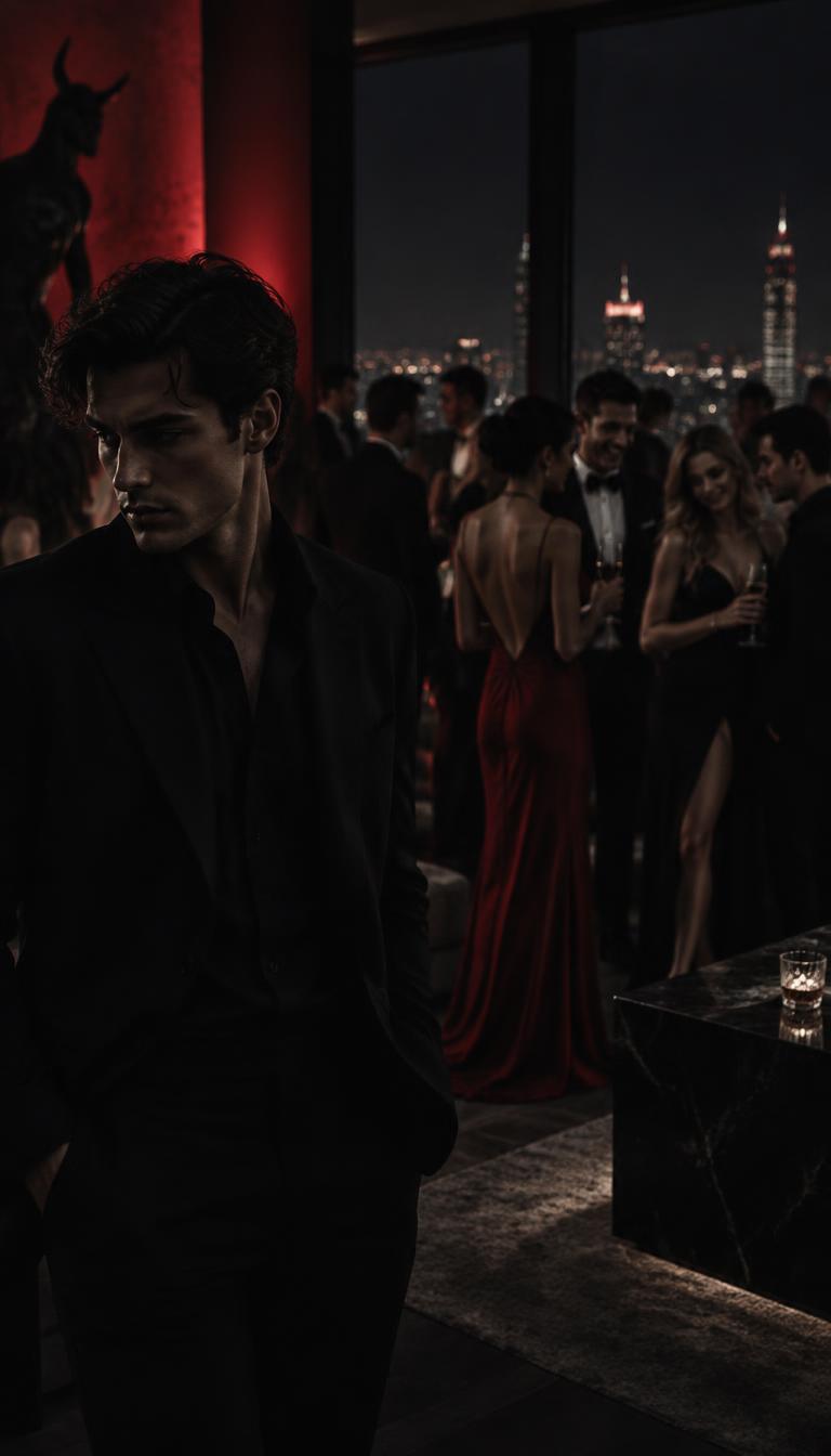 A man in black turning away from a dim luxury penthouse party lit by red light.