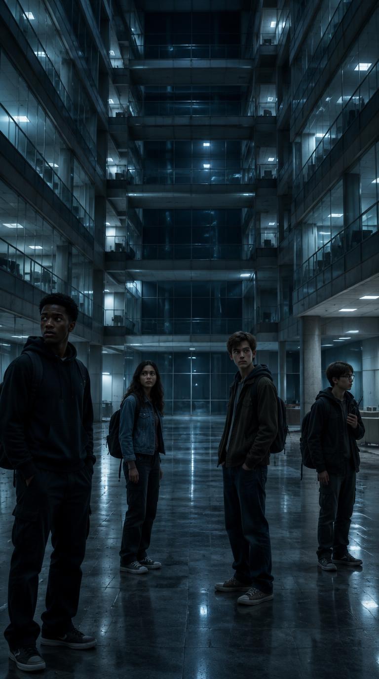 Four teenagers standing apart in a cold, empty office corridor at night.