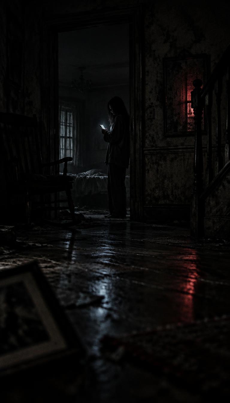 A streamer holding a glowing phone in the dark doorway of an abandoned house.