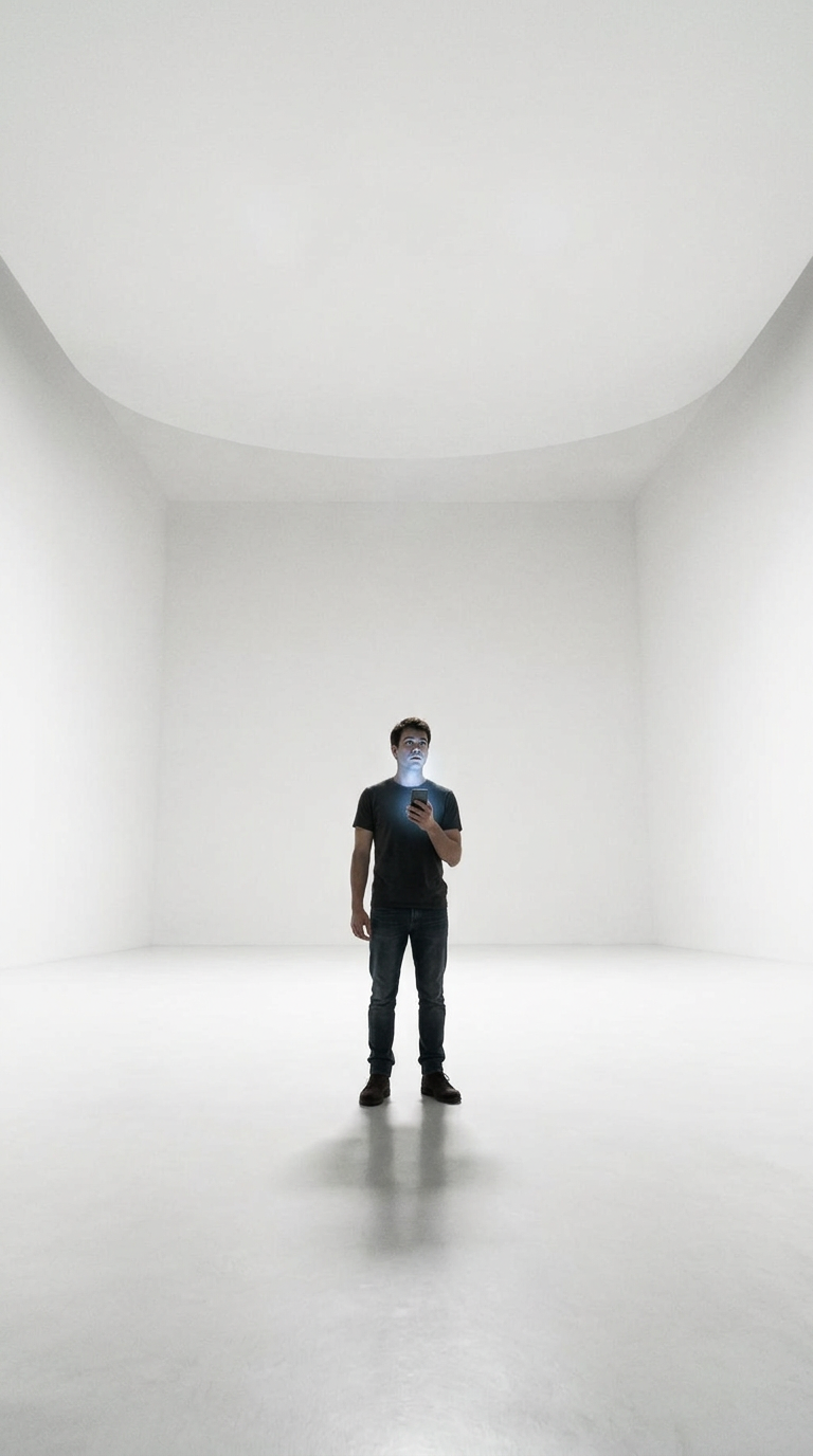 A young man in a vast white room beneath a huge swinging black pendulum blade.