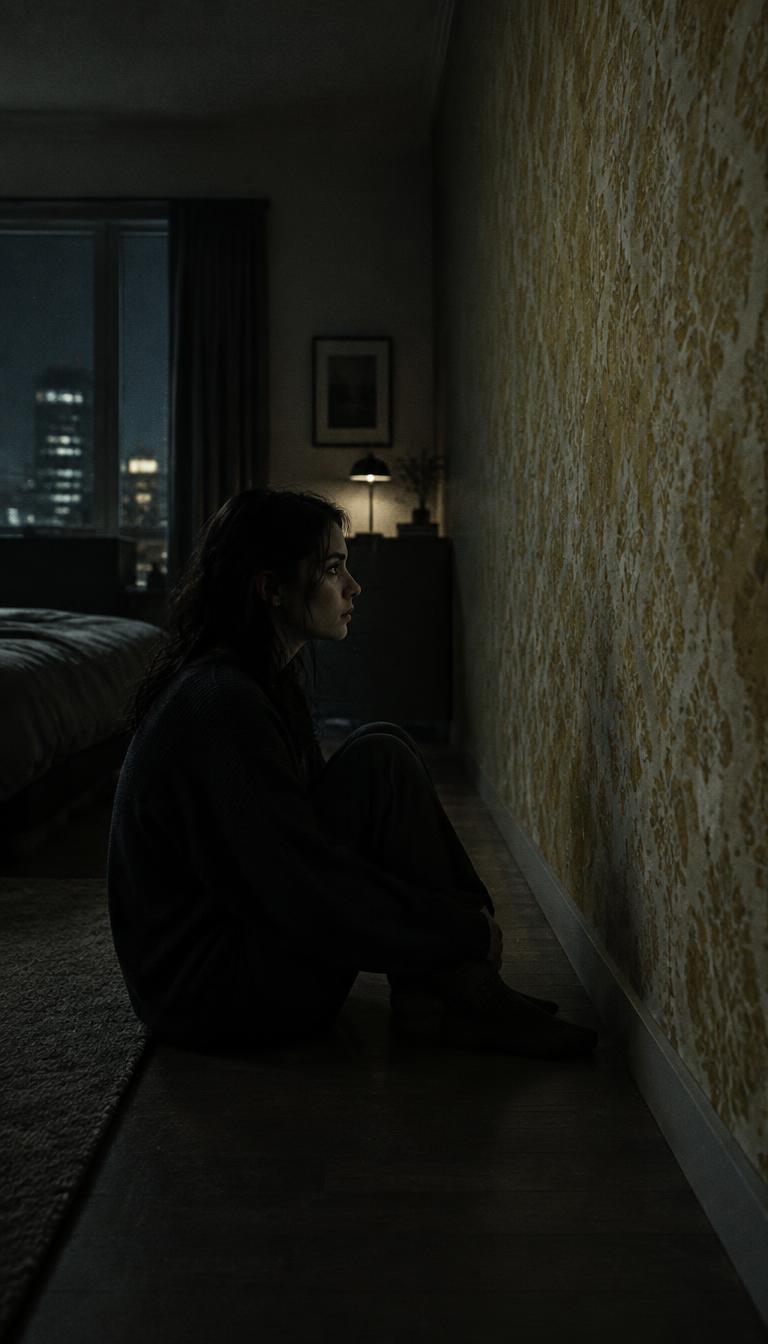 A young woman sitting on the floor of a dim apartment facing a patterned yellow wall.