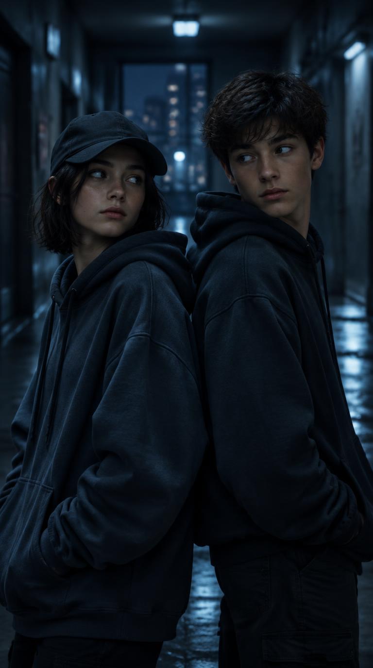 Twin siblings back to back — the sister in her brother's clothes, mirroring him.